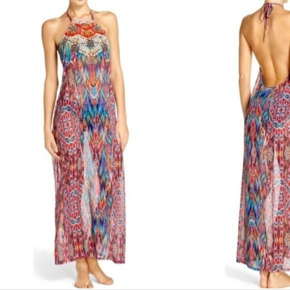 Laundry by Shelli Segal maxi swim cover, colorful tribal print, sheer M